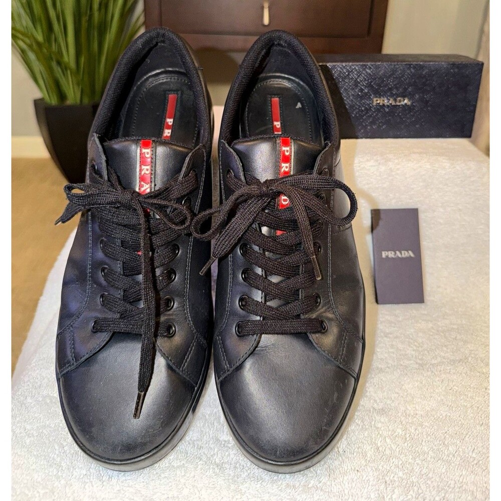 PRADA Men's Leather Lace-Up Sneaker Black/Red Stripe EU 42 US 9 4E3256